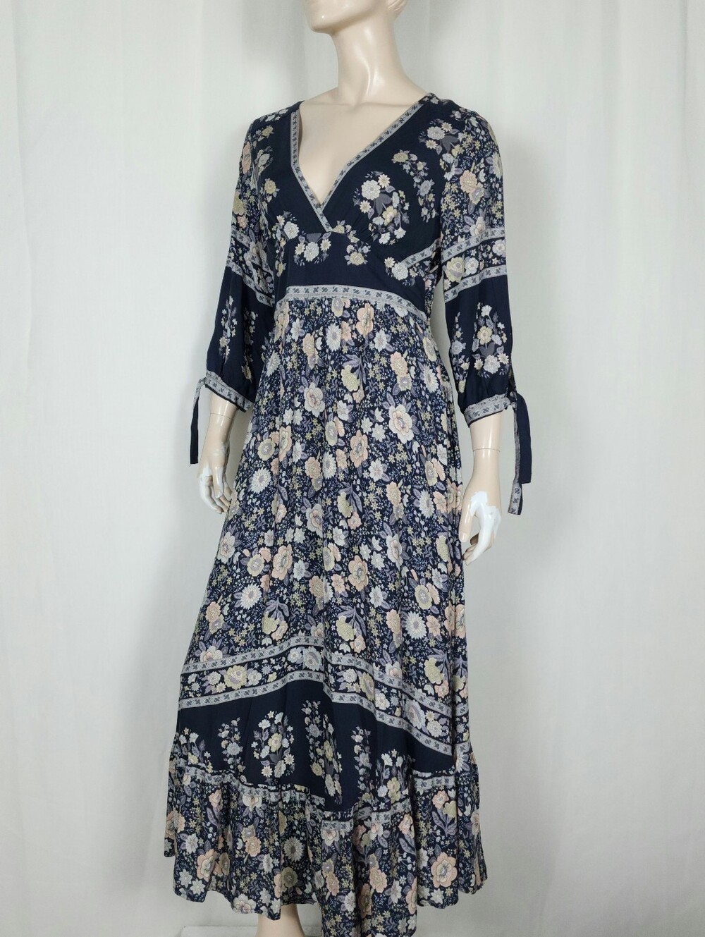 Papillon Floral Border Print Empire Waist Maxi Dress M  NWT